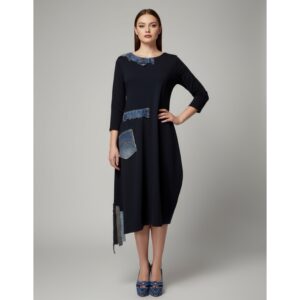 Tamnoplava haljina, haljina LINA, ženska haljina, haljina s traper detaljima, asimetrična haljina, elegantna haljina, modna haljina, udobna haljina, haljina za posebne prilike, urbana haljina