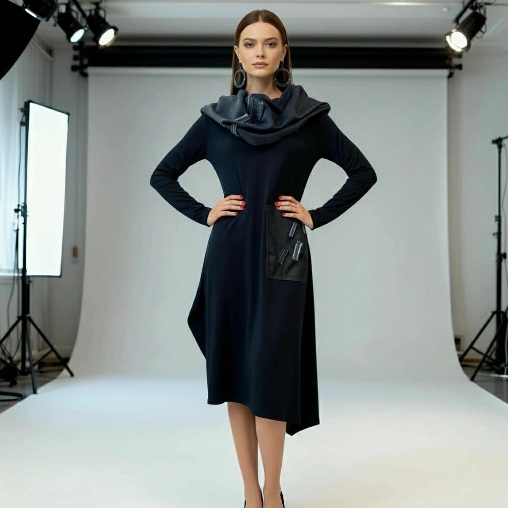 Model nosi elegantnu tamnoplavu haljinu Neva s asimetričnim krojem, traper detaljima i velikim džepom sprijeda, u studijskom okruženju.