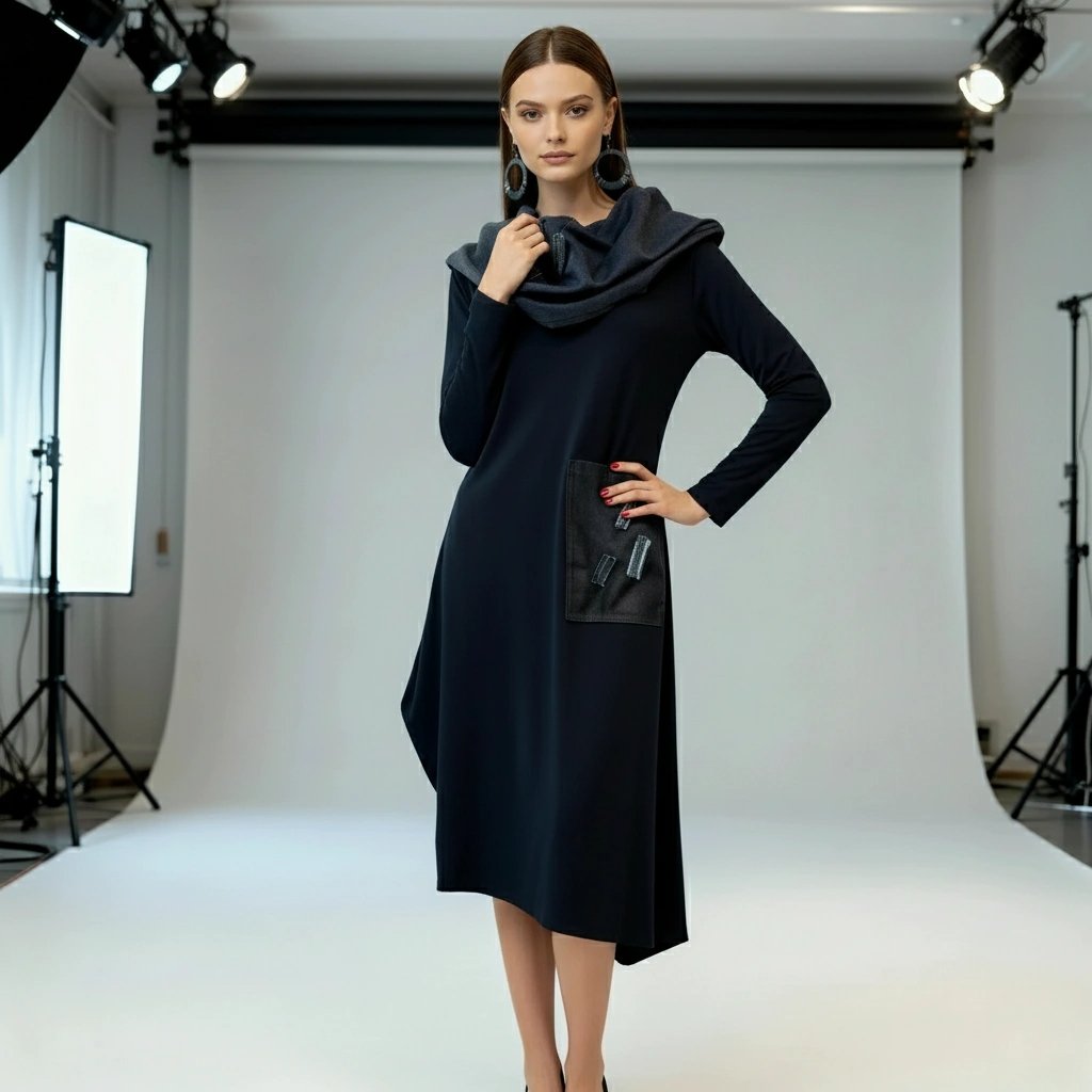 Model nosi elegantnu tamnoplavu haljinu Neva s asimetričnim krojem, traper detaljima i velikim džepom sprijeda, u studijskom okruženju.