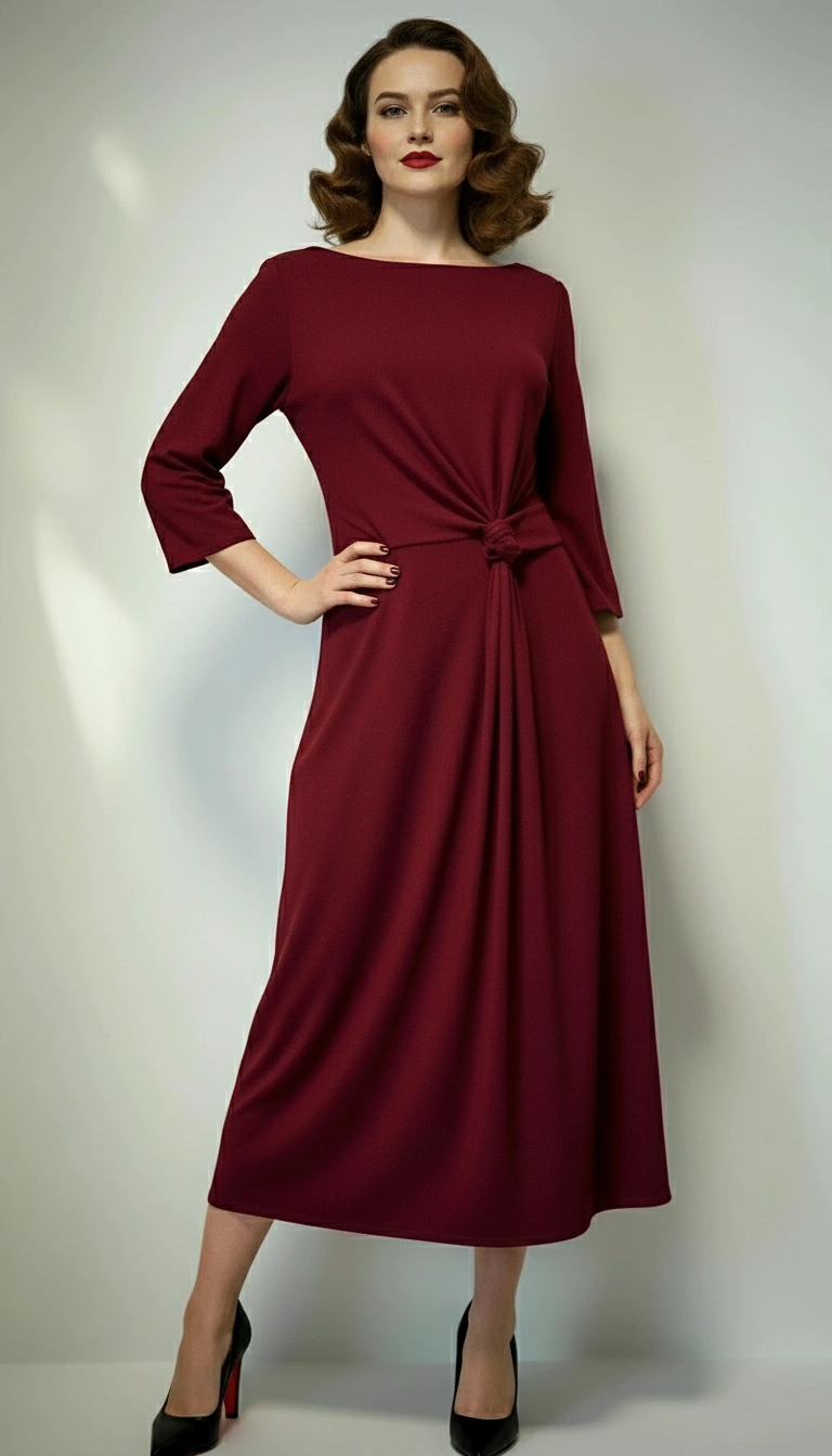 Haljina Bordeaux u burgundi boji s čvorom u struku