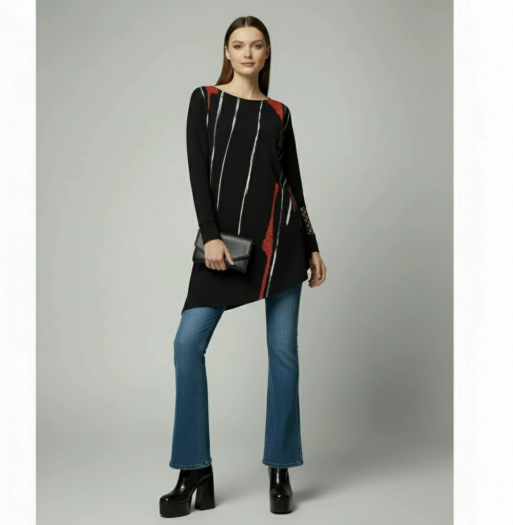 Tunika DANICA crna s bijelim i crvenim linijama Kuky Design