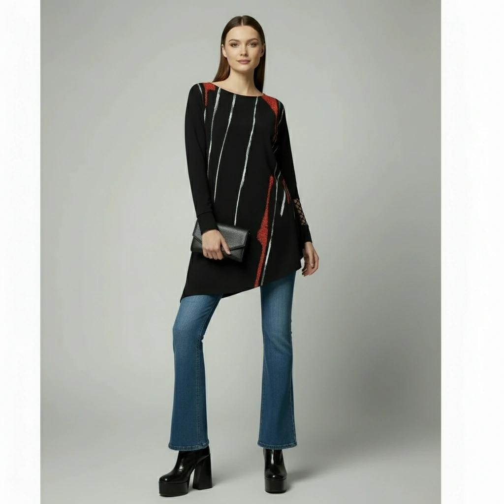 Tunika DANICA crna s bijelim i crvenim linijama Kuky Design