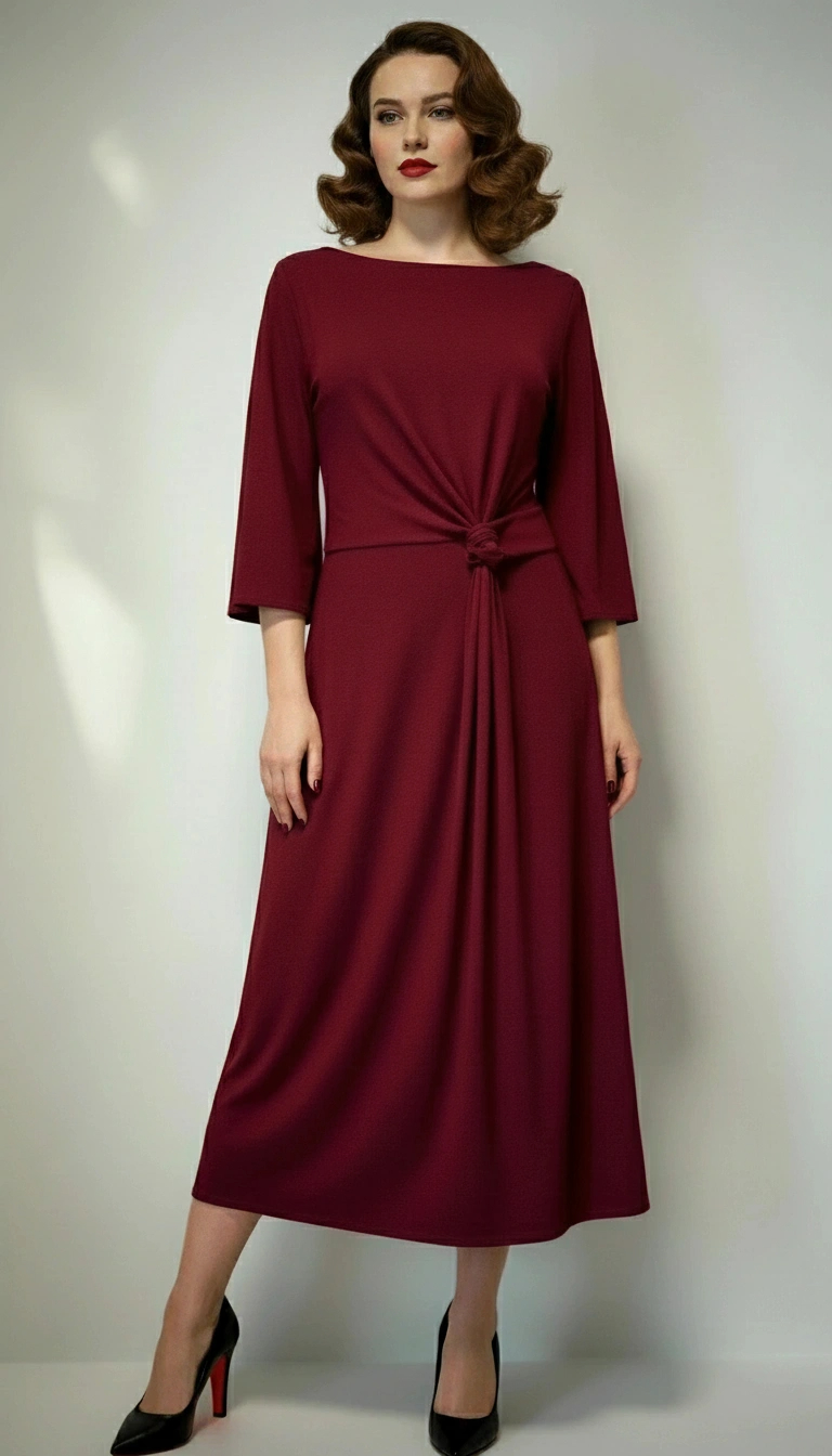 Haljina Bordeaux u burgundi boji s čvorom u struku