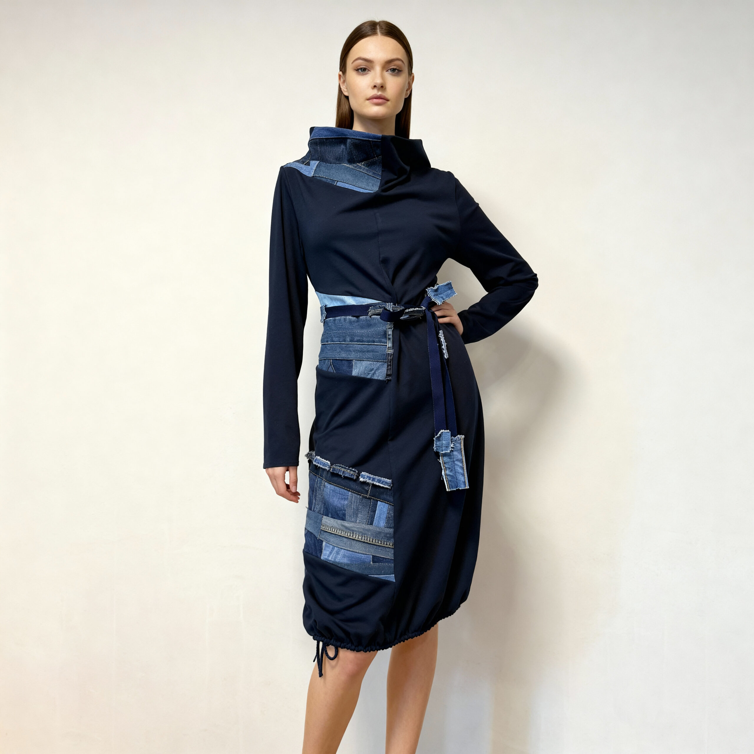 Haljina DENA tamnoplava s denim detaljima i pojasom