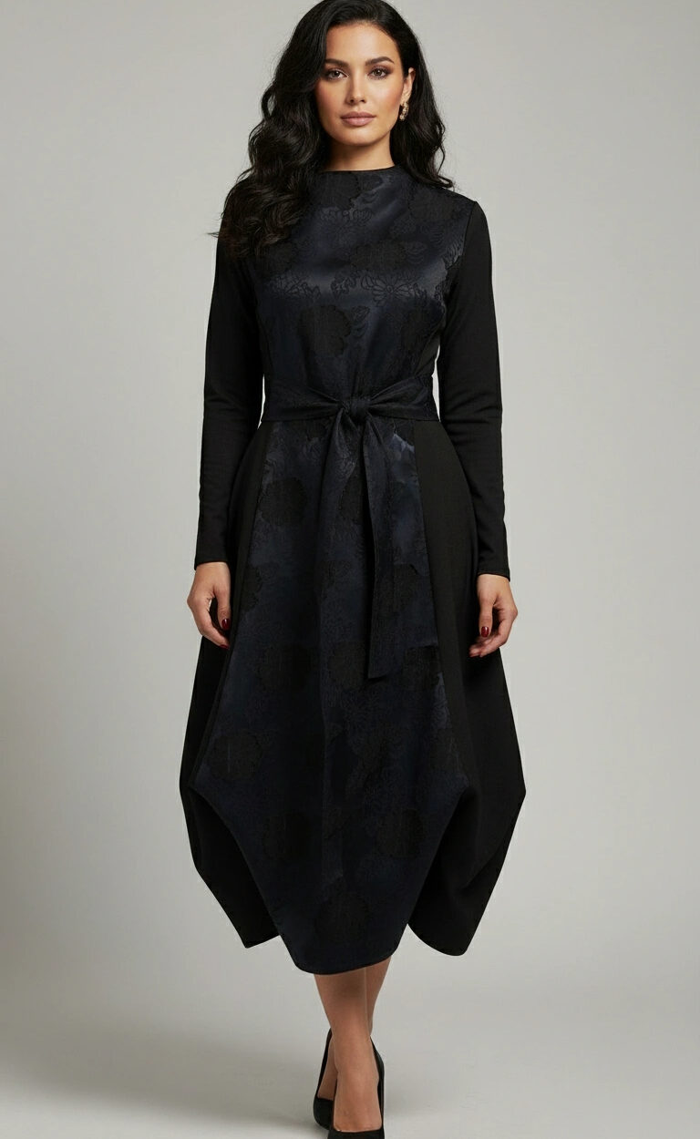 Haljina MOONA – tamnoplava brokat elegancija s 3D cvjetovima