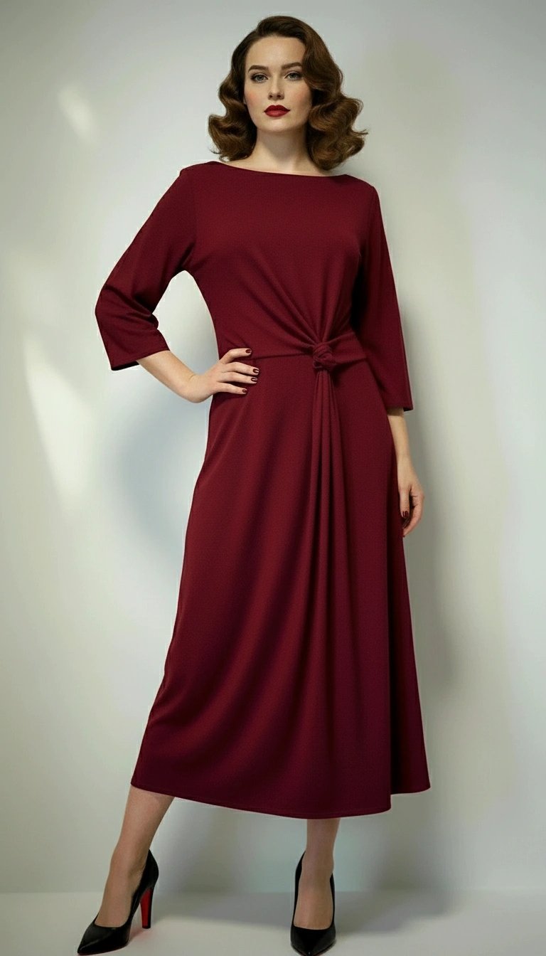 Haljina Bordeaux u burgundi boji s čvorom u struku