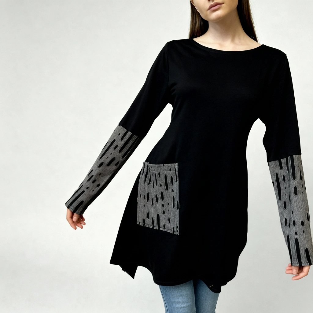 Tunika AZA – detalj rukava i džepa s crnim uzorkom