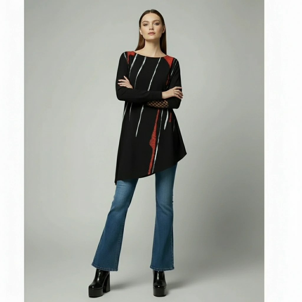 Tunika DANICA crna s bijelim i crvenim linijama Kuky Design