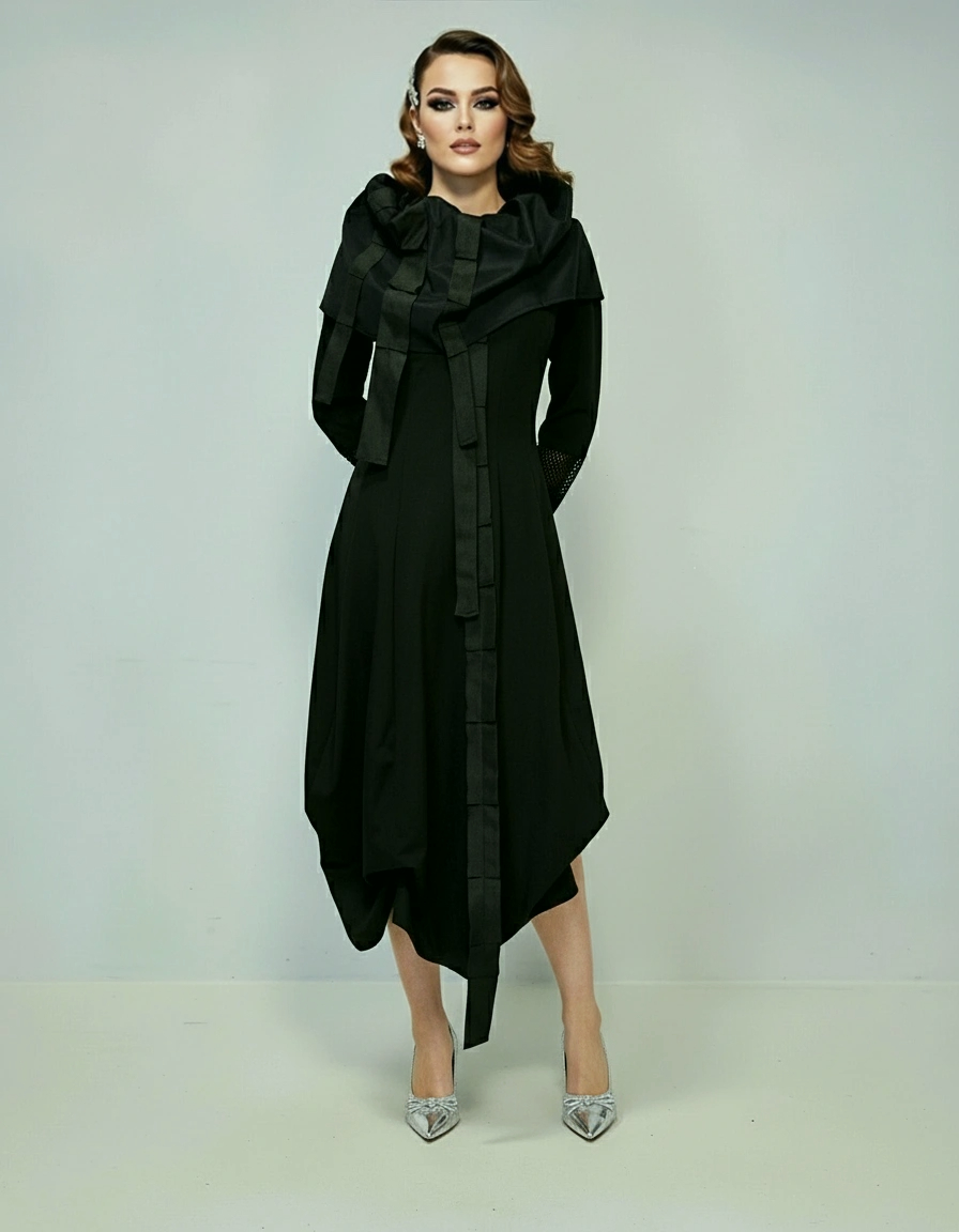 Crna dizajnerska haljina EVELYX prikazana na modelu u studijskom prostoru.