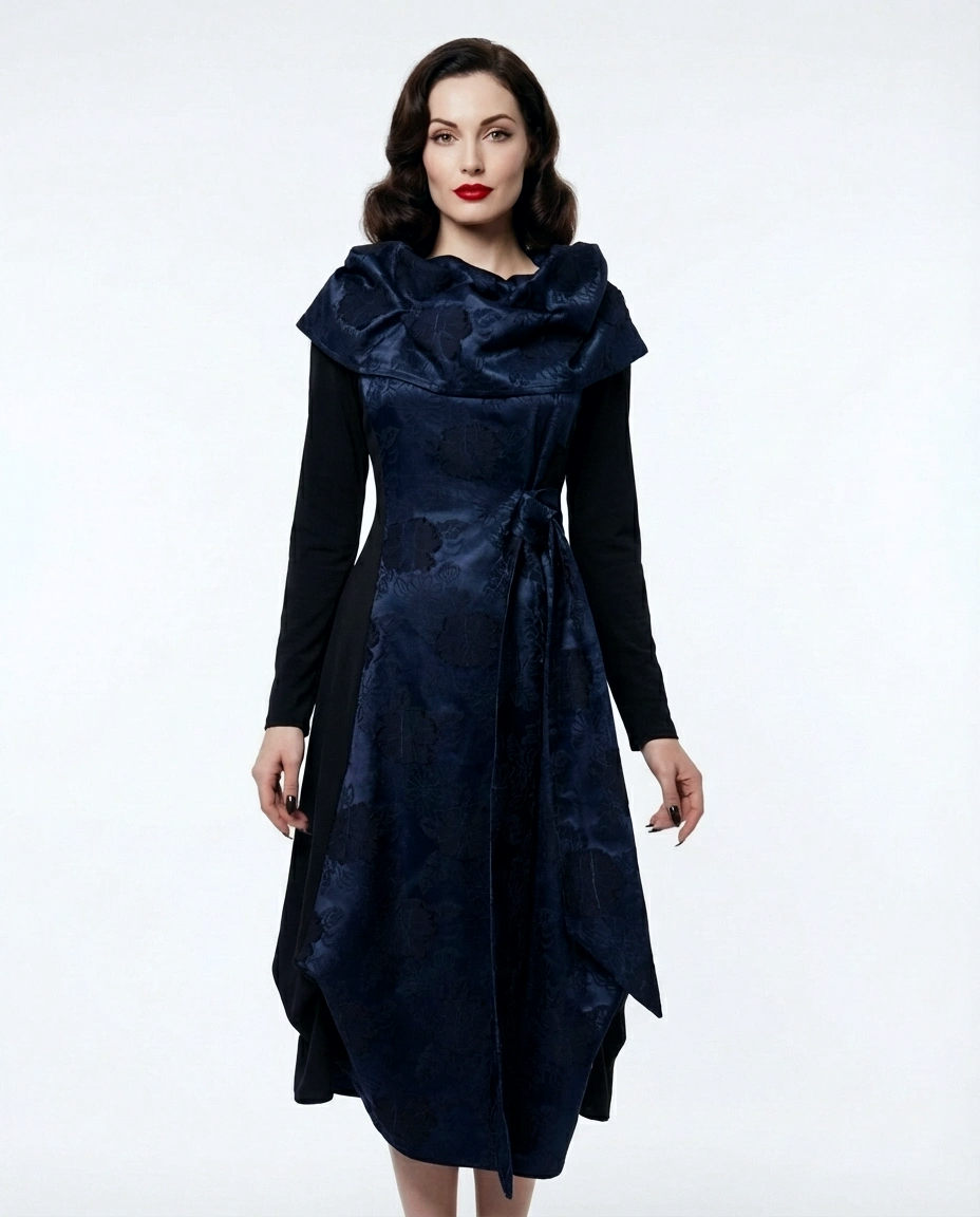 HALJINA HELENA – tamnoplava elegantna haljina s dramatičnim ovratnikom i asimetričnim asimetričnim padom, Kuky Design