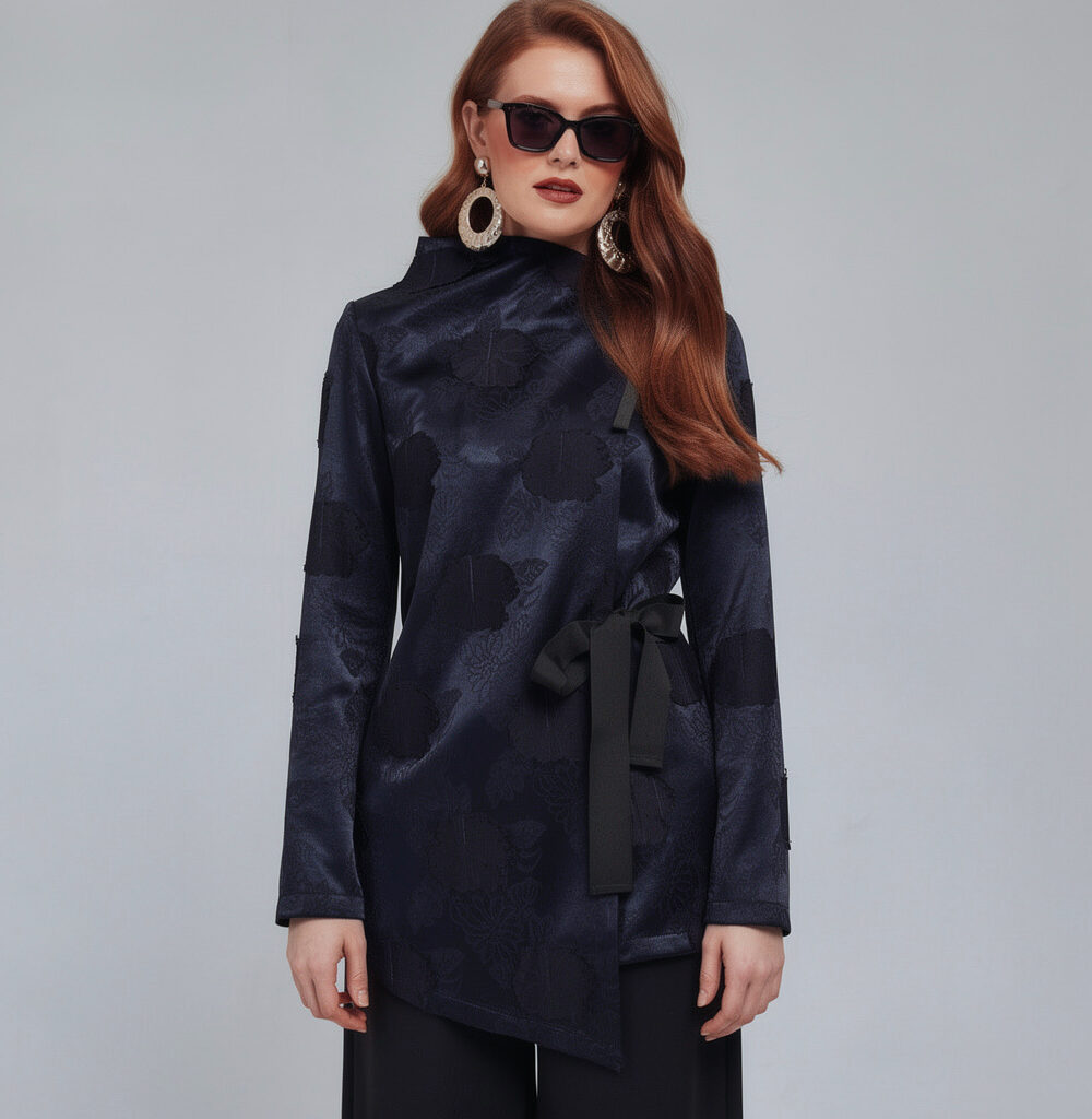 Tamnoplavi sako Velaria s 3D cvjetnim reljefom i asimetričnim krojem – Kuky Design
