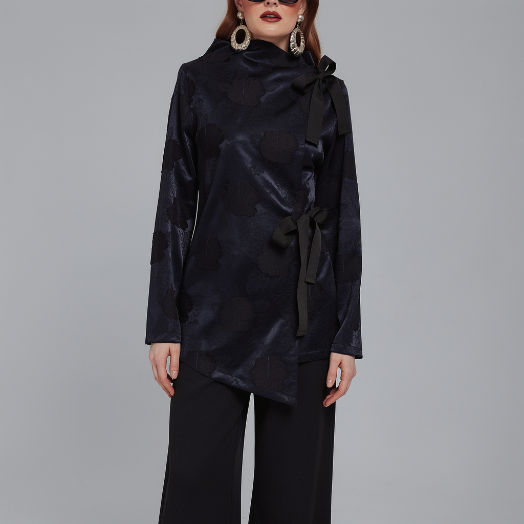 Tamnoplavi sako Velaria s 3D cvjetnim reljefom i asimetričnim krojem – Kuky Design