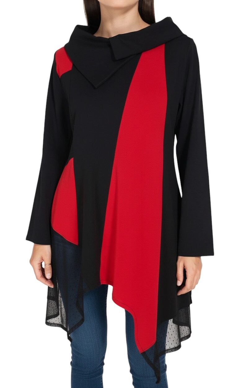 Asimetrična crno-crvena tunika BONY s arhitektonskim ovratnikom i nepravilnim rubom