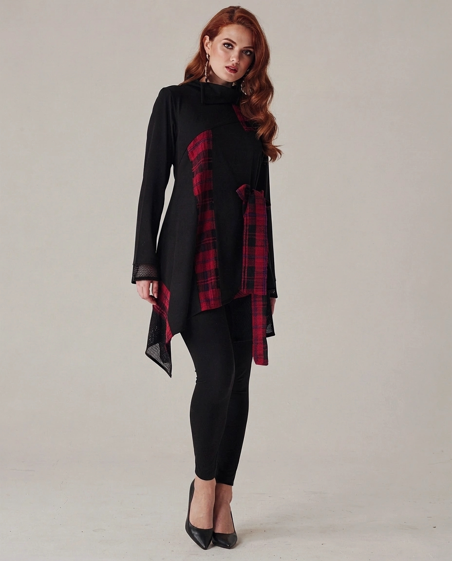 Asimetrična crna tunika BX s crvenim kariranim panelima i vezanjem u struku