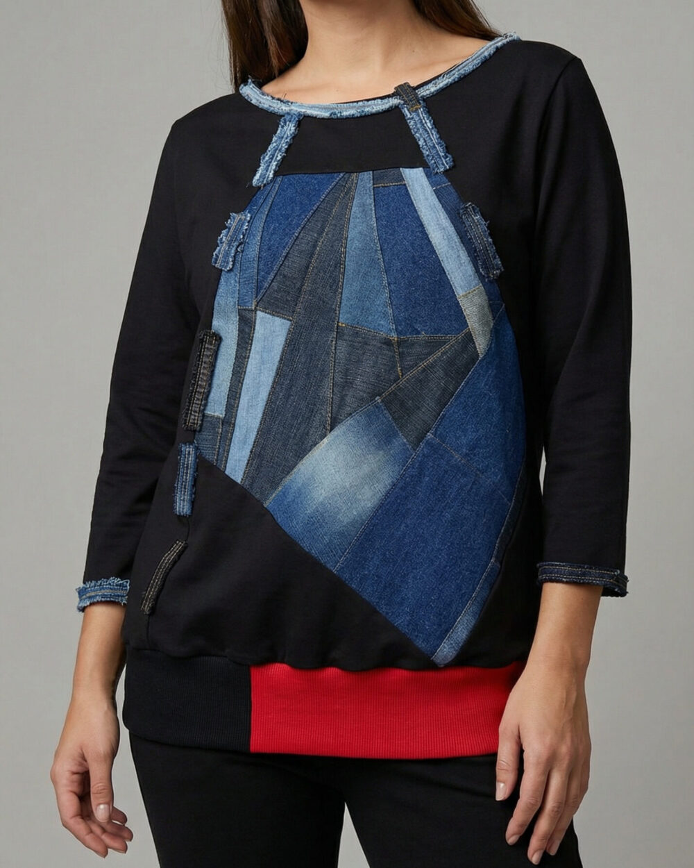 JEANWAVE asimetrična majica s patchwork traperom sprijeda