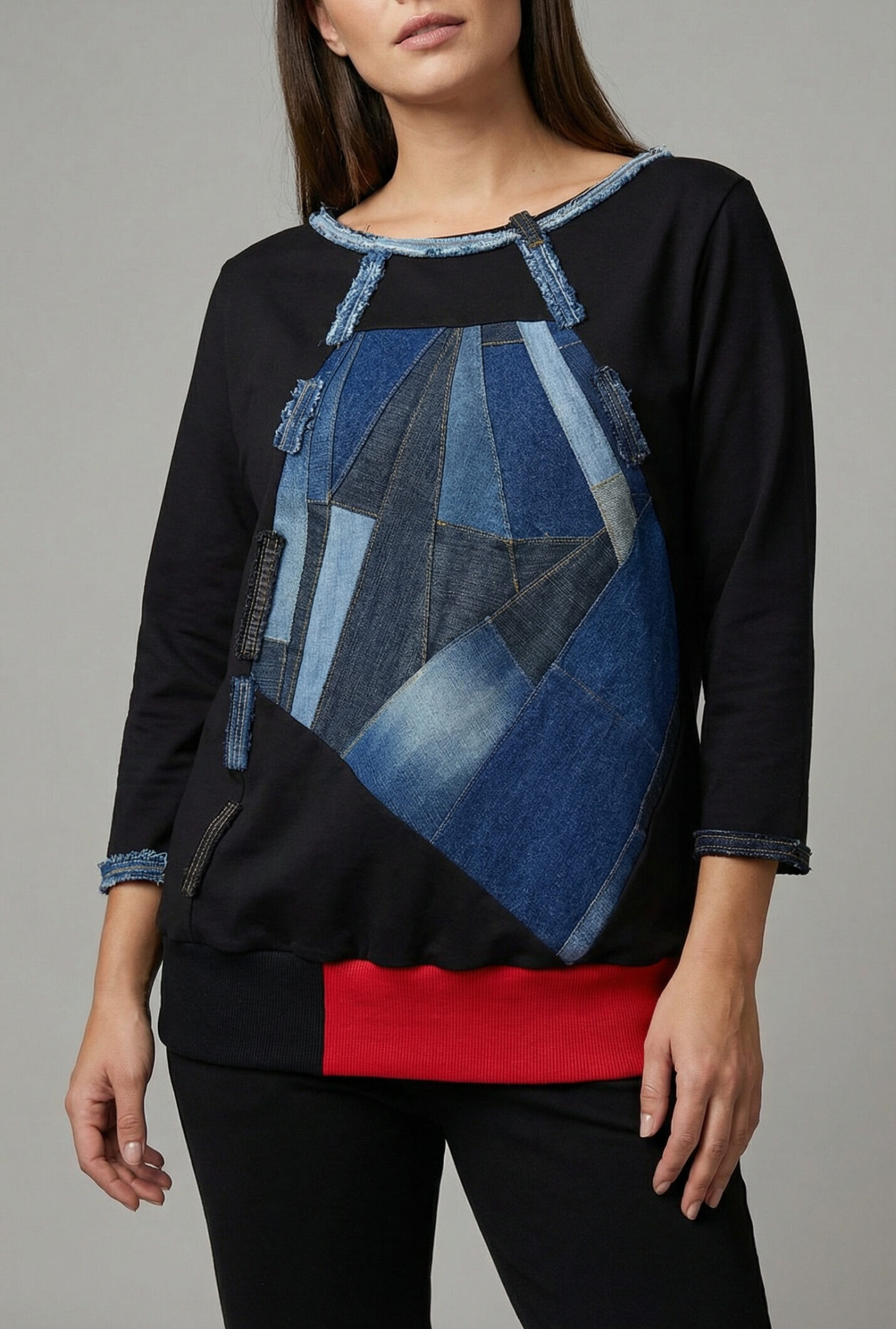 JEANWAVE asimetrična majica s patchwork traperom sprijeda