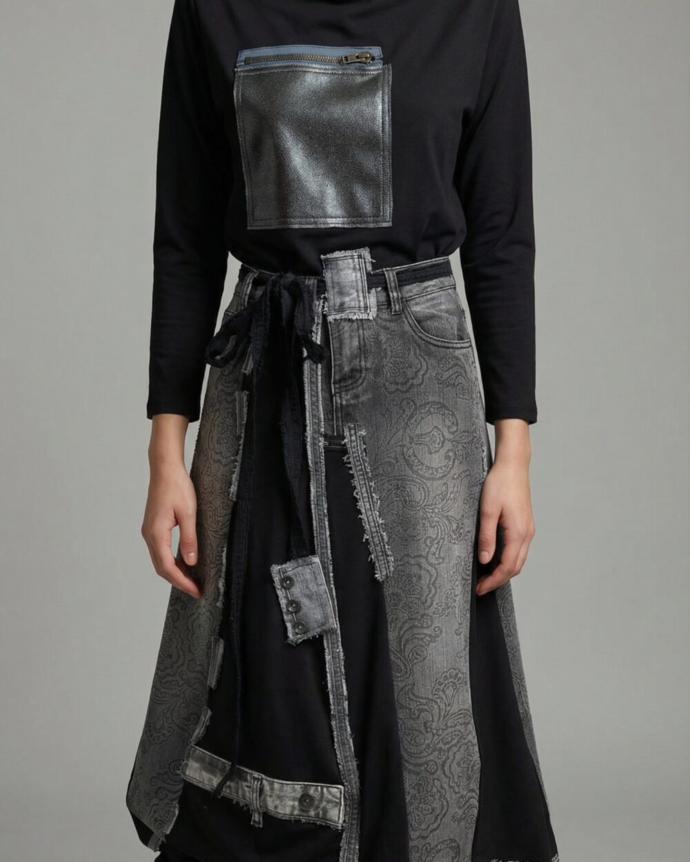 Asimetrična crna suknja s sivim denim panelima i avangardnim detaljima ROSELANI