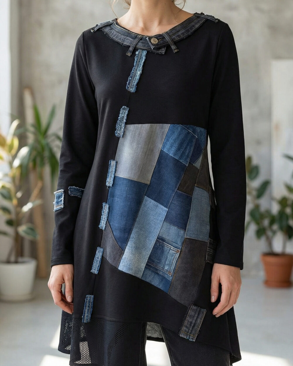 Prednja strana tunike DANY s asimetričnim traper patchworkom i mrežastim detaljem na rubu