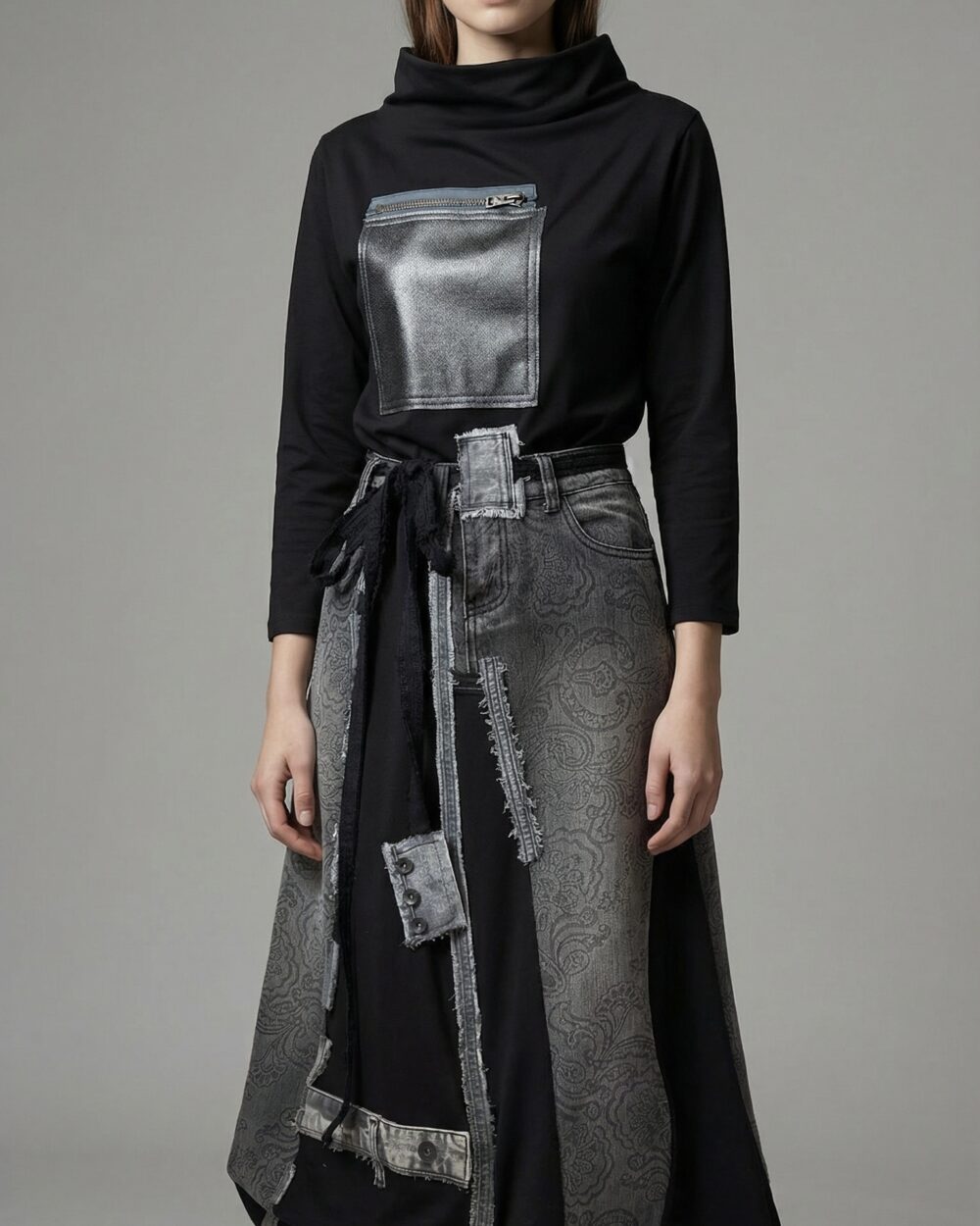 Crna majica s metalik džepom i visokim ovratnikom NOXARA