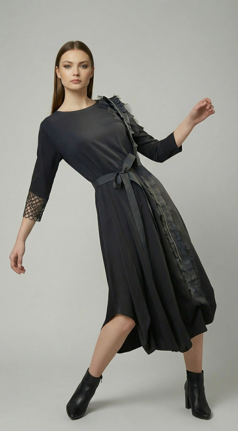 Crna midi haljina Čarnika s asimetričnim detaljima i pojasom, slavenska inspiracija