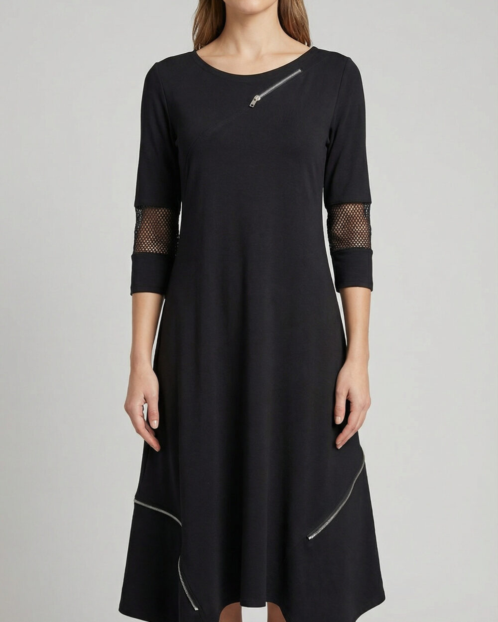 Crna midi haljina Tisana s asimetričnim zip detaljima i mrežicom na rukavima