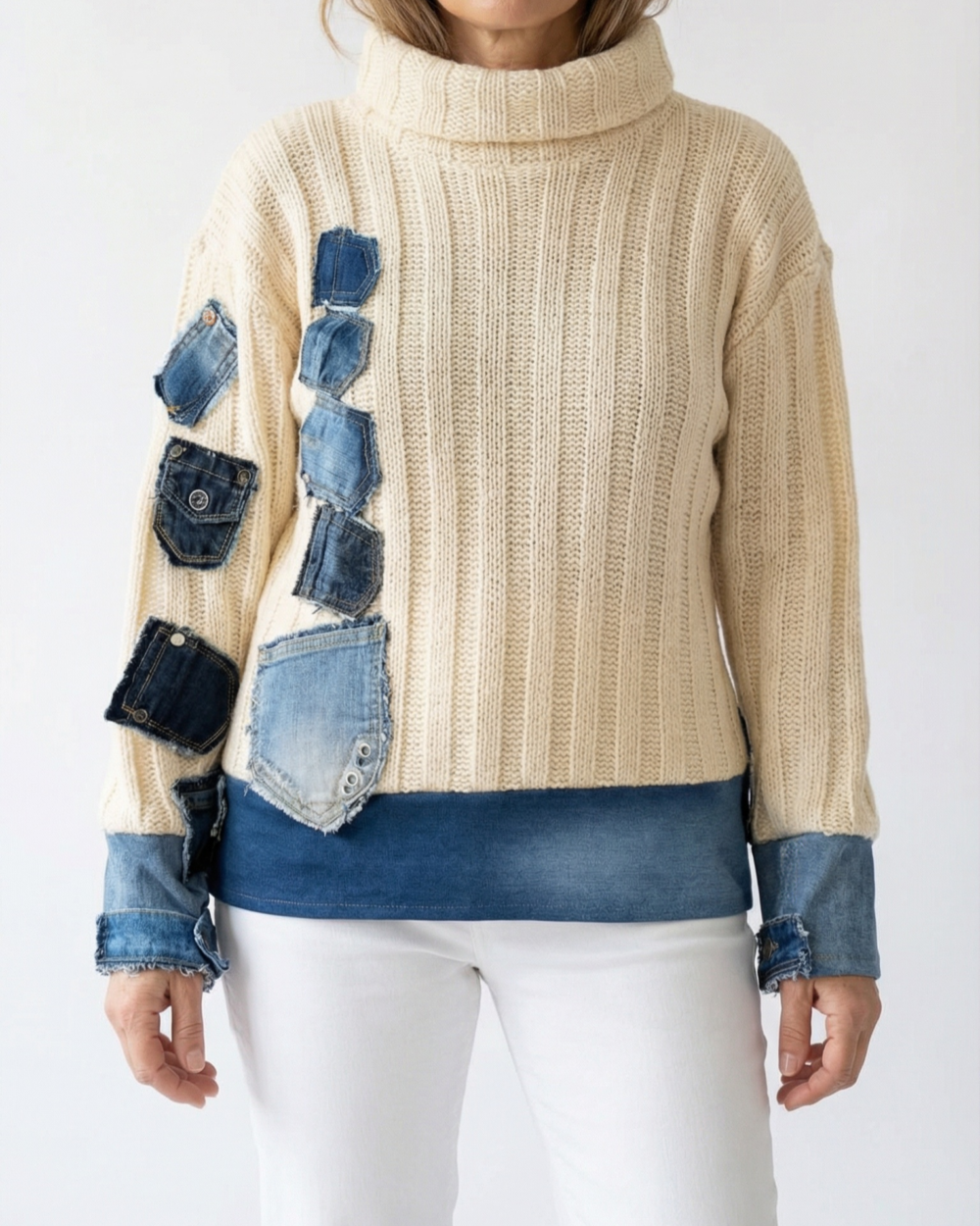 ALBAJEAN krem pletena majica s tamnim traper džepovima na rukavima