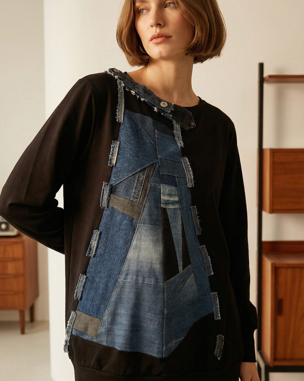 Prednja strana majice KAYLA s patchwork denim dizajnom