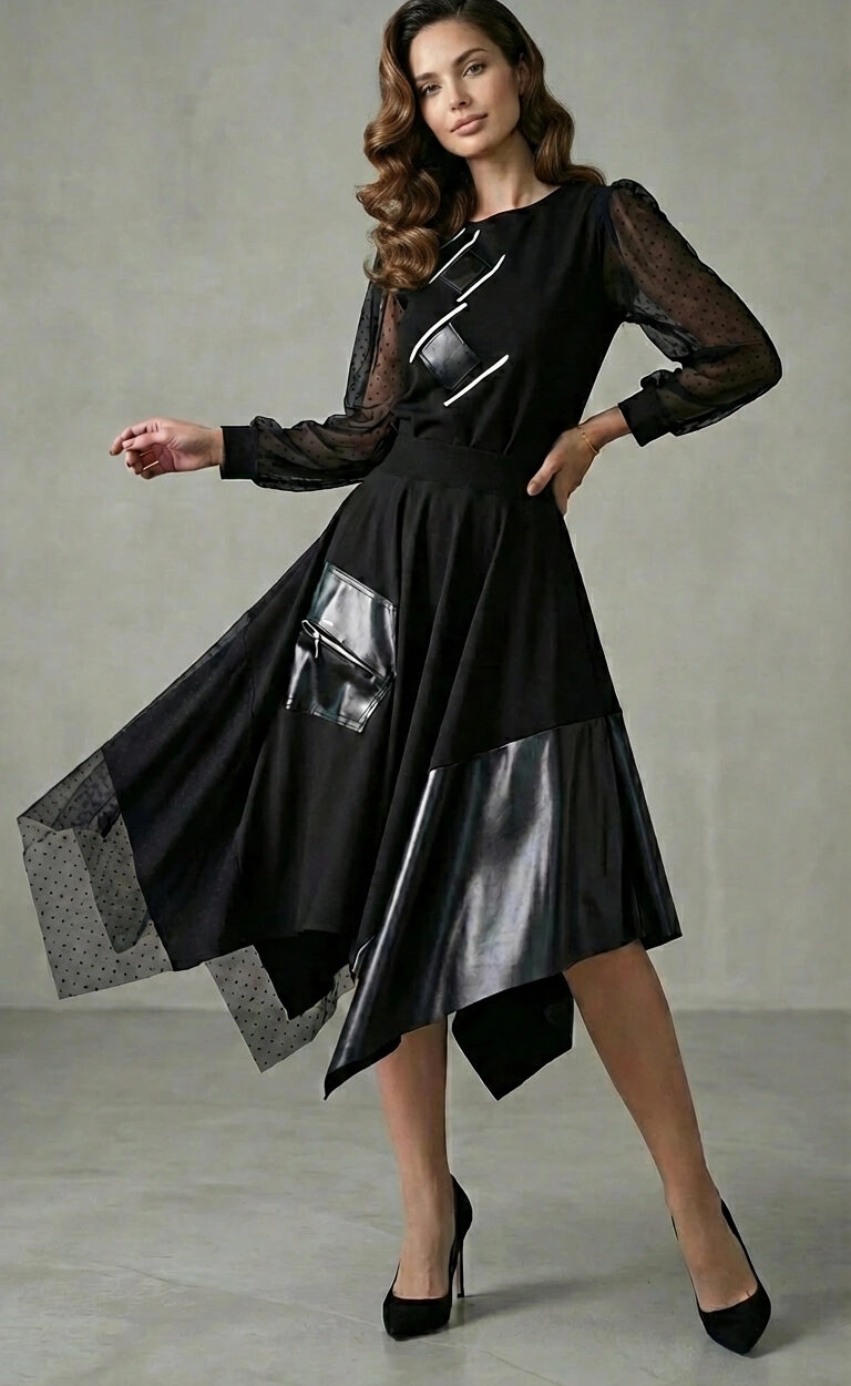 Model nosi crnu asimetričnu suknju KERRIN s prozirnim tilom i kožnim detaljima.