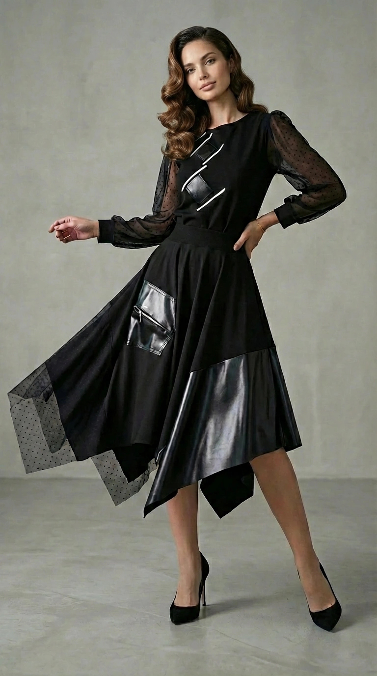 Model nosi crnu asimetričnu suknju KERRIN s prozirnim tilom i kožnim detaljima.