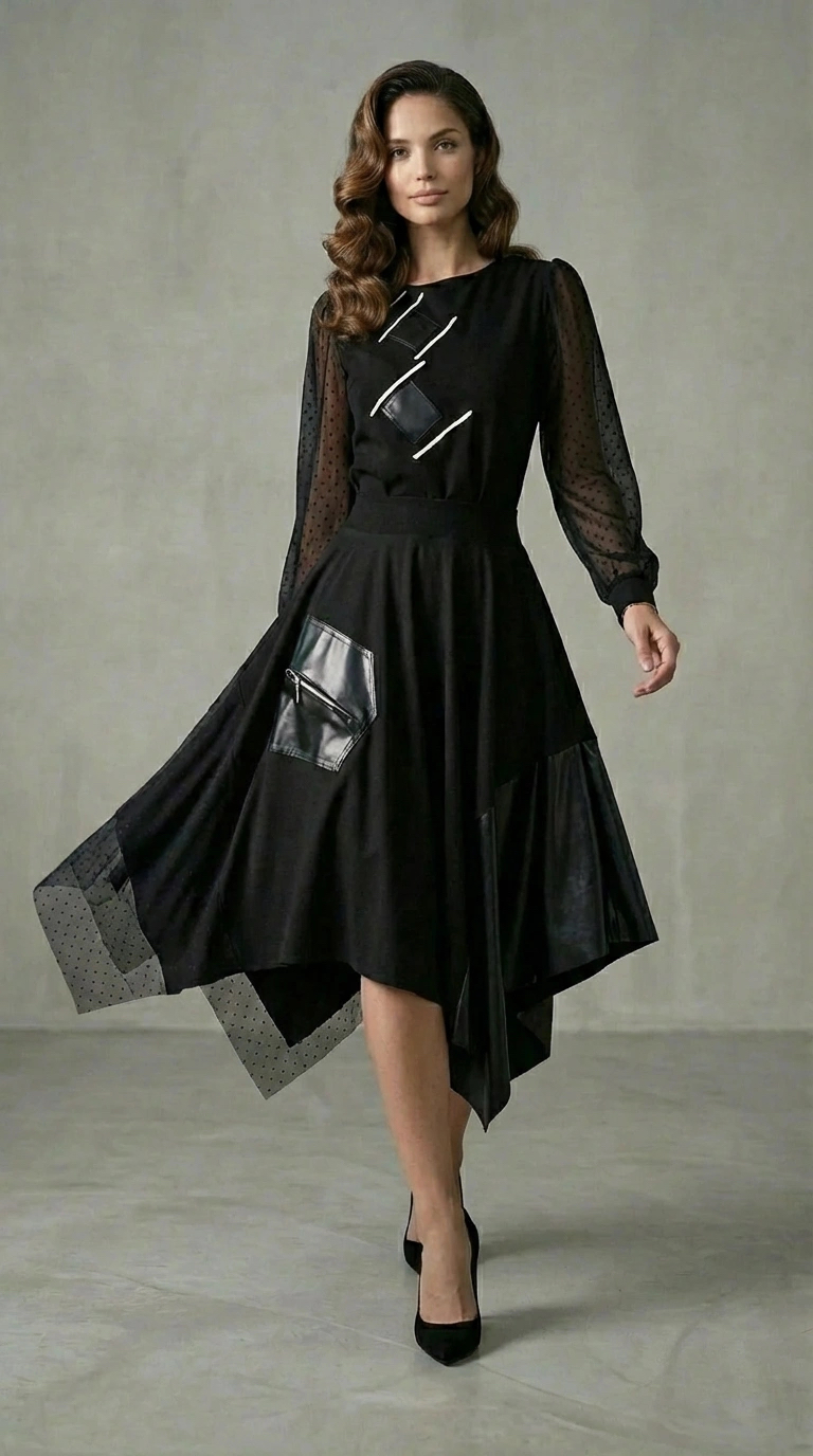 Model nosi crnu asimetričnu suknju KERRIN s prozirnim tilom i kožnim detaljima.