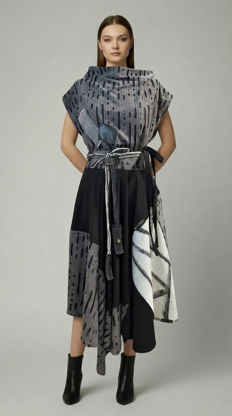 Asimetrična slojevita suknja Noctura s patchwork detaljima i industrijskim remenom