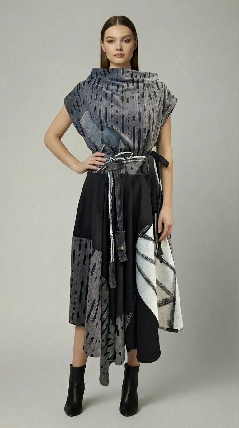 Asimetrična slojevita suknja Noctura s patchwork detaljima i industrijskim remenom