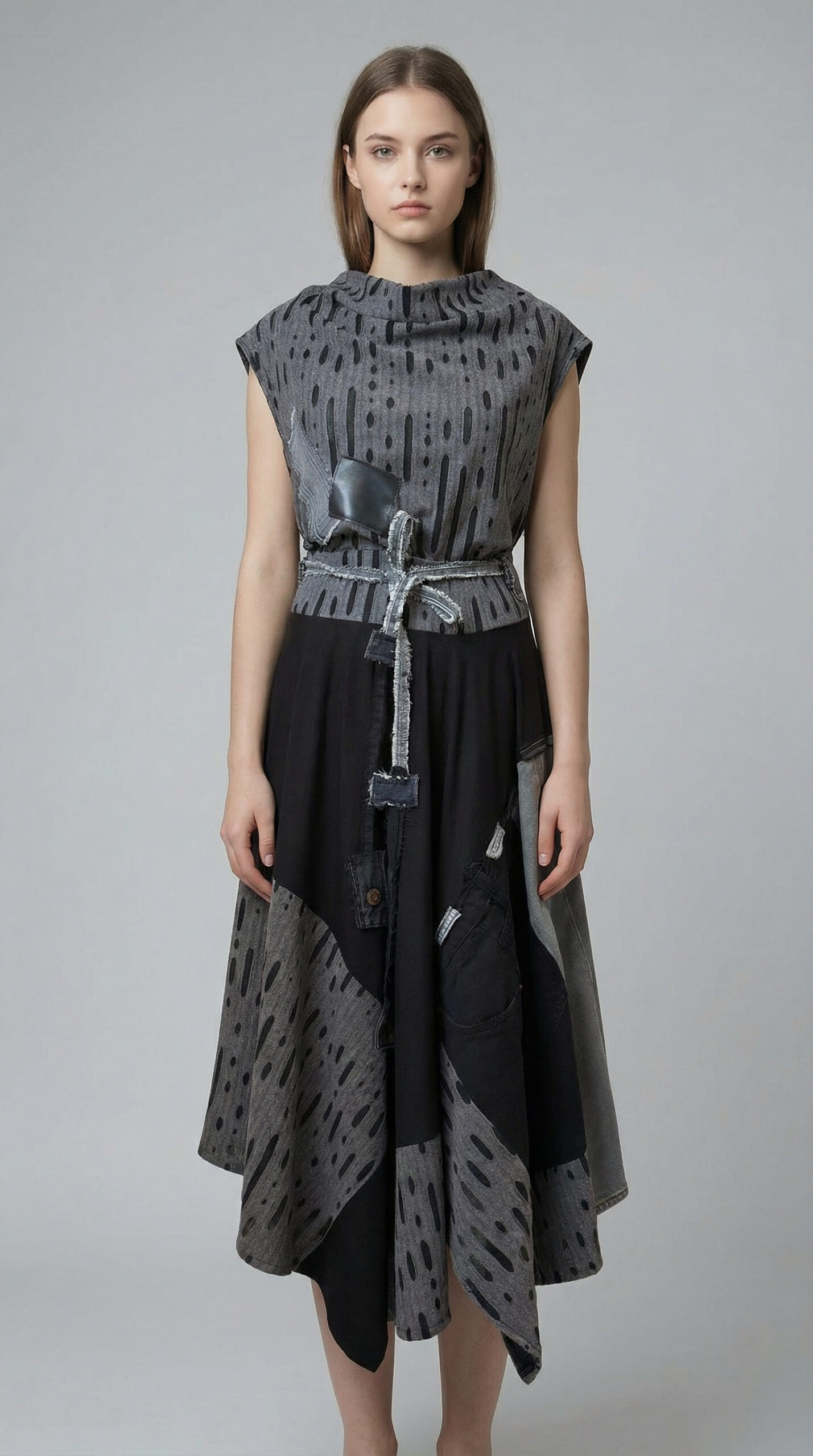 Asimetrična patchwork suknja VLATKA u crno sivim tonovima s slojevitim krojem i izraženim detaljima