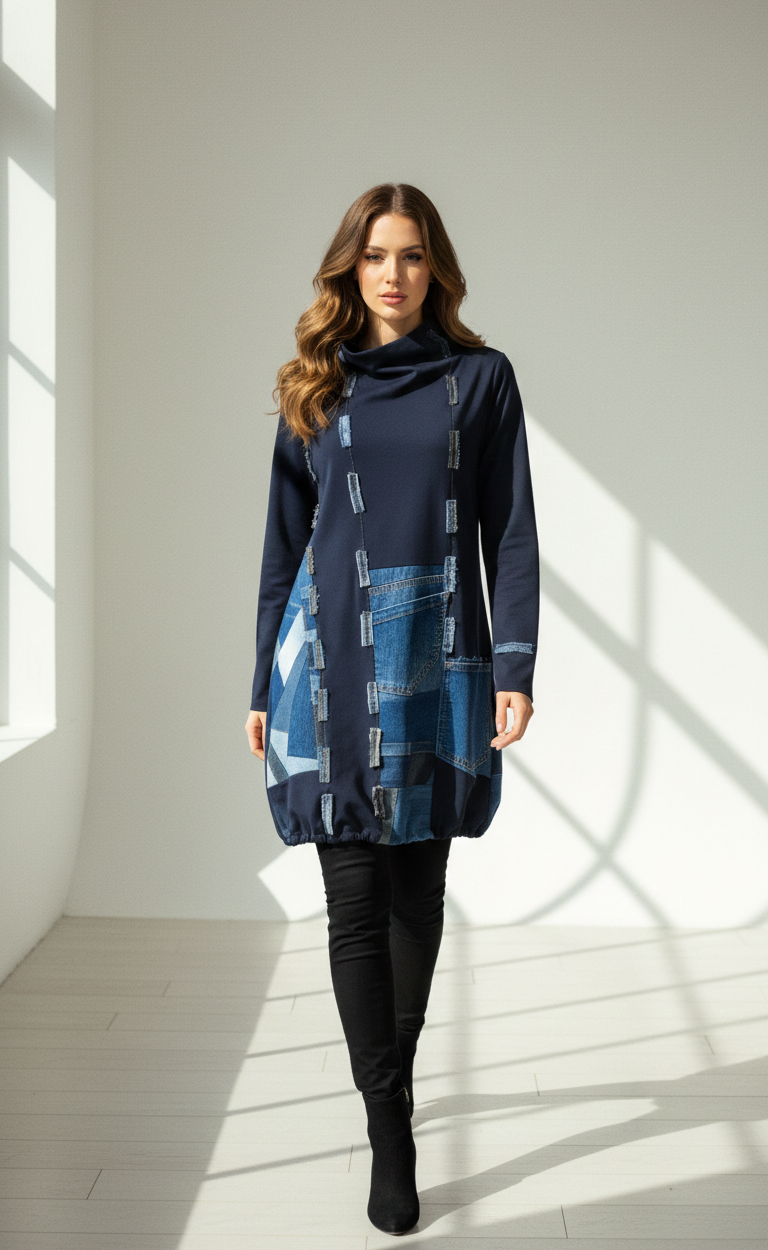 Žena nosi plavu traper tuniku MILLA