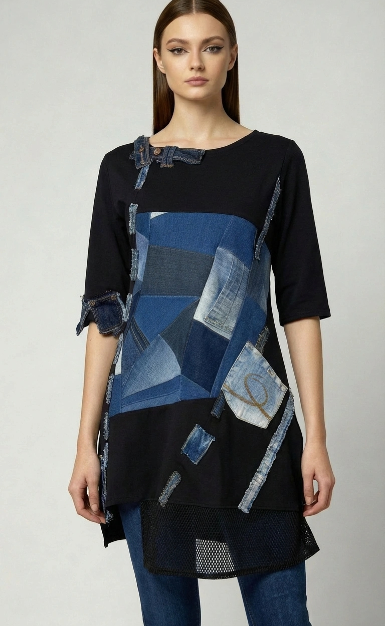 Ženska traper tunika DENYRA s patchwork panelima