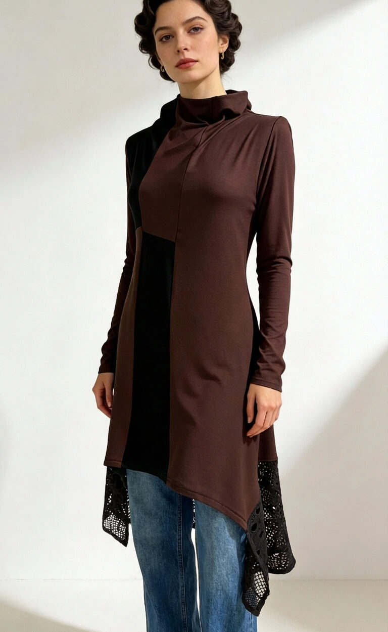 Asimetrična tunika KATY u smeđe-crnom kontrastu s čipkastim rubovima