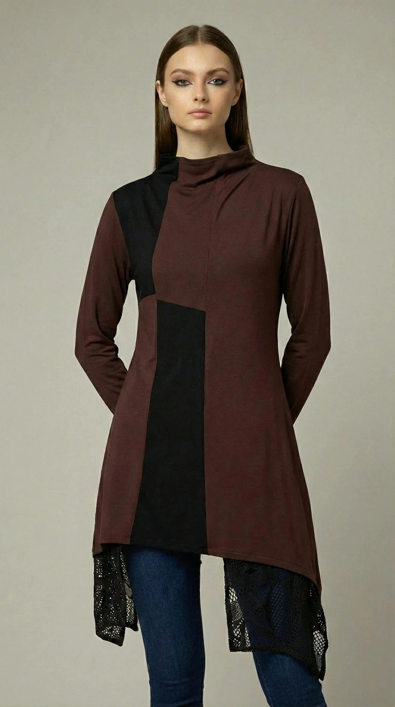 Asimetrična tunika KATY u smeđe-crnom kontrastu s čipkastim rubovima