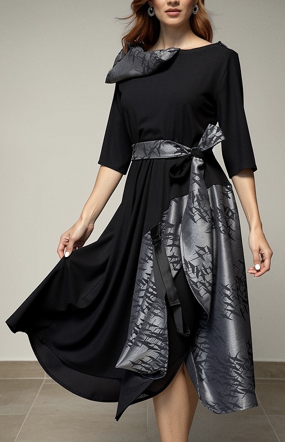 Haljina GRETA crna asimetrična midi haljina s pojasom