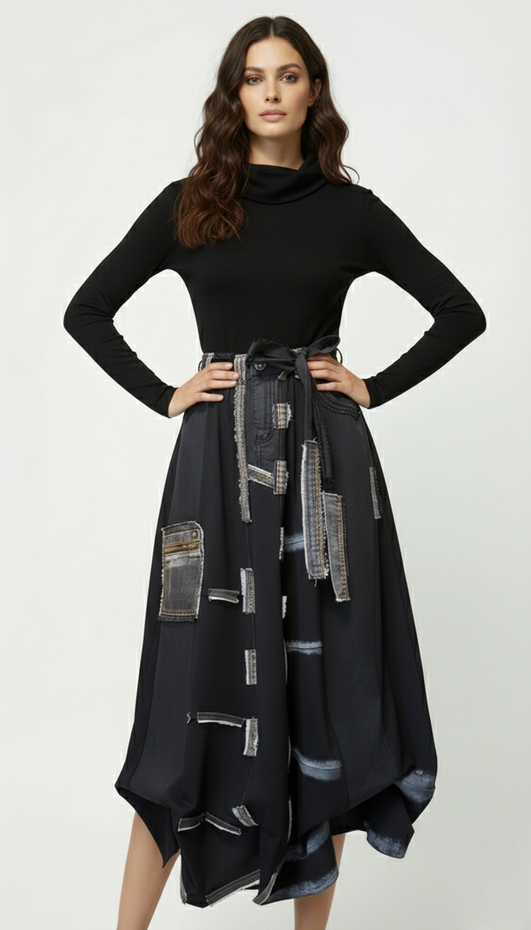 Crna dekonstruirana suknja OBSIDIA s patchwork detaljima - Kuky Design.