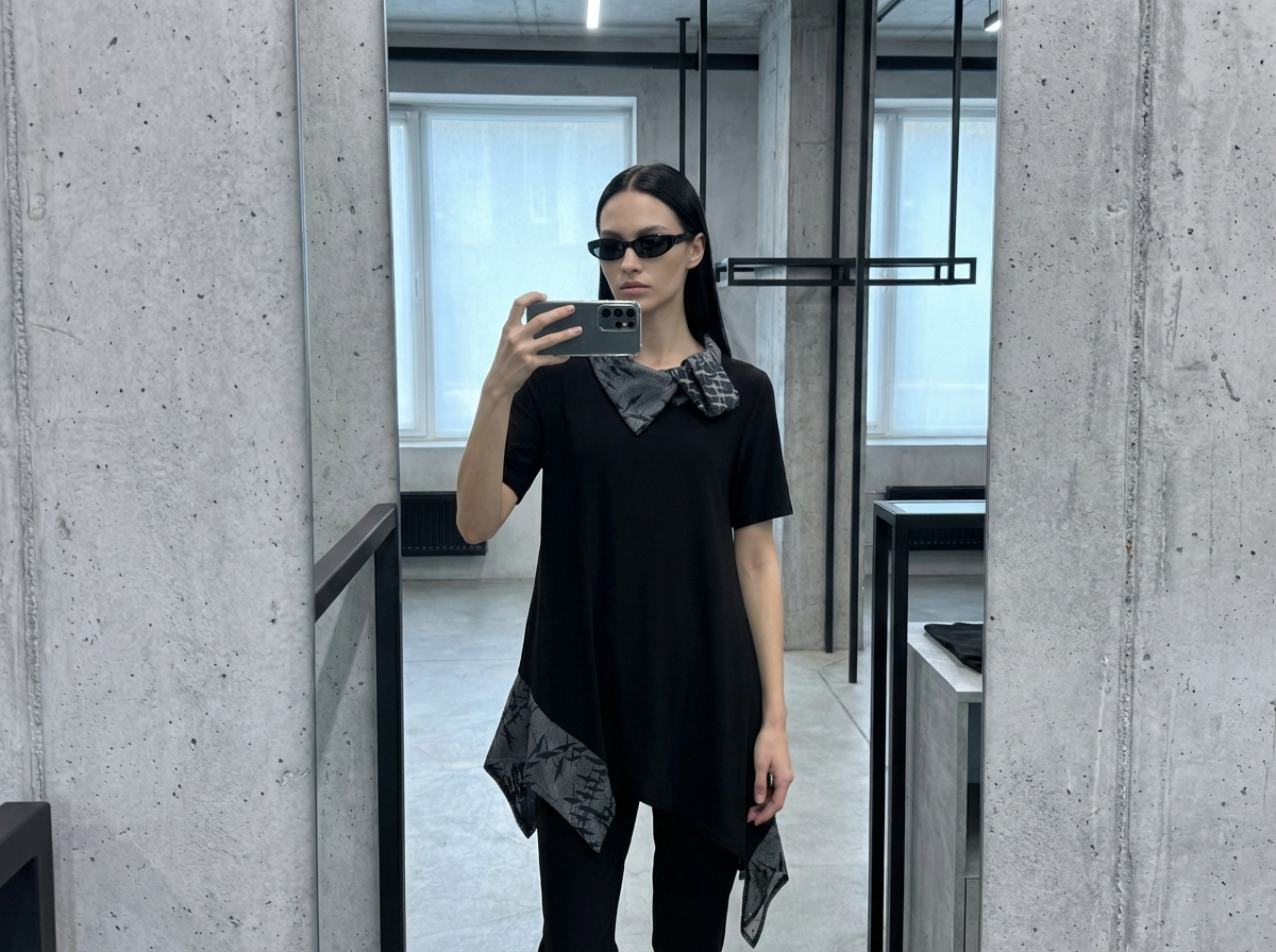 asimetrična crna tunika MILA s print detaljem i nepravilan rub u modernom interijeru