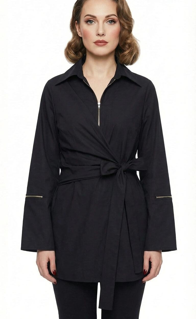 Crna wrap košulja VIREXA s vezanjem u struku i metalnim zip detaljima