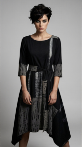 Haljina ELEANOR donosi crnu minimalnost i umjetnički sivi materijal u asimetričnom kroju koji se prirodno kreće s tijelom.