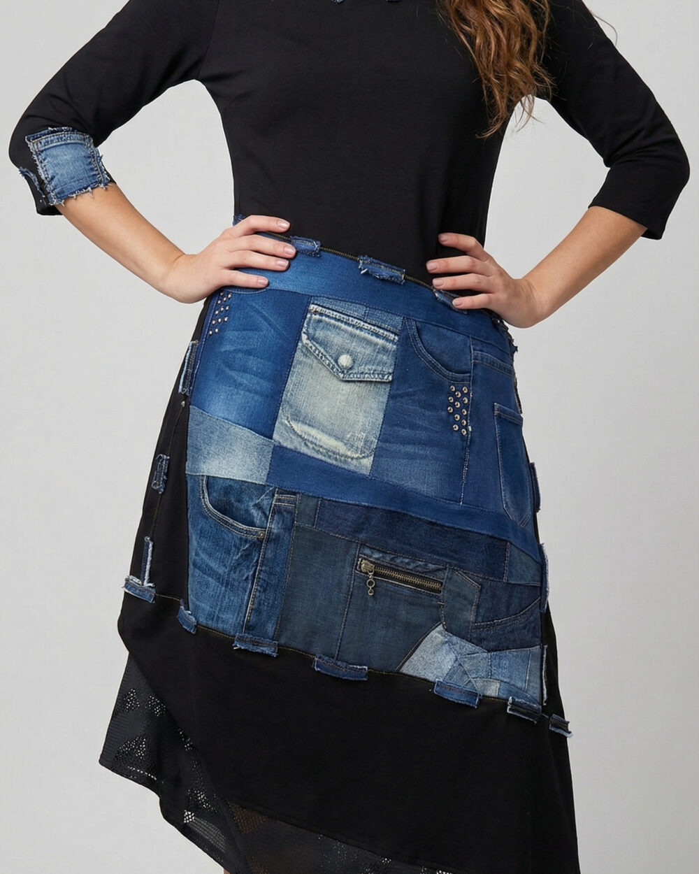 Crna haljina Traperinka s patchwork traper detaljima i mrežastim donjim dijelom.