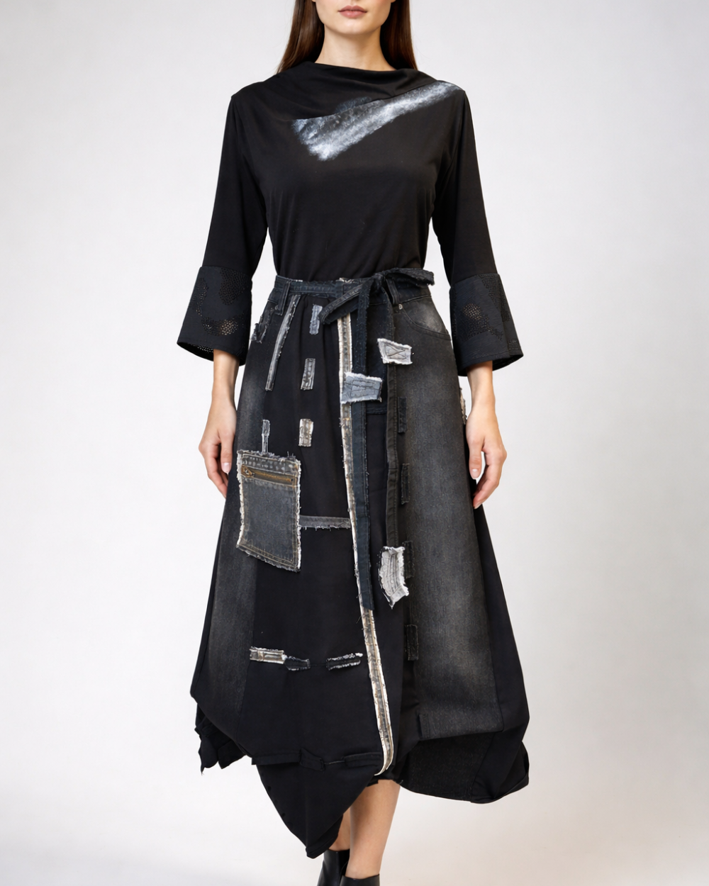 Crna patchwork suknja ROSELANI s recikliranim traperom