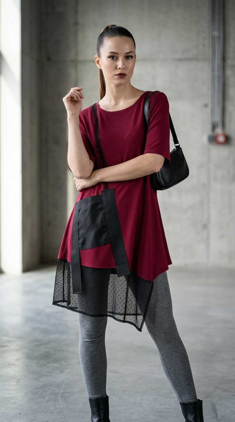 ROZA bordo asimetrična tunika s crnim detaljima i til detaljima kombinirana sa sivim tajicama