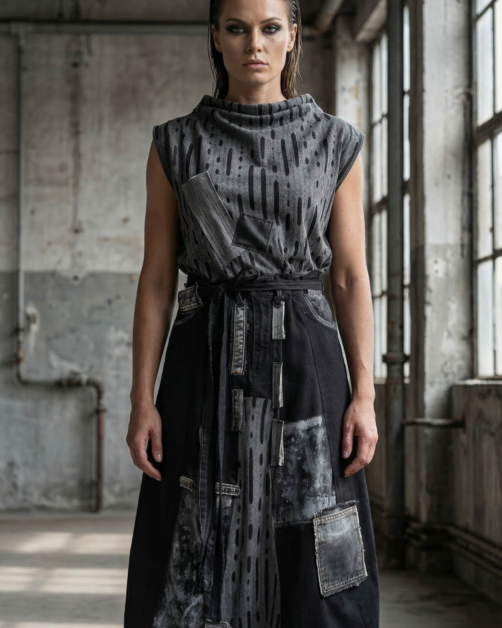 Suknja FRAGMENTA asimetricna patchwork crno siva s denim detaljima sprijeda