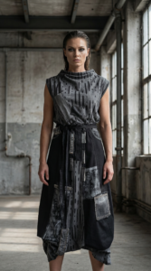 Suknja FRAGMENTA asimetricna patchwork crno siva s denim detaljima sprijeda