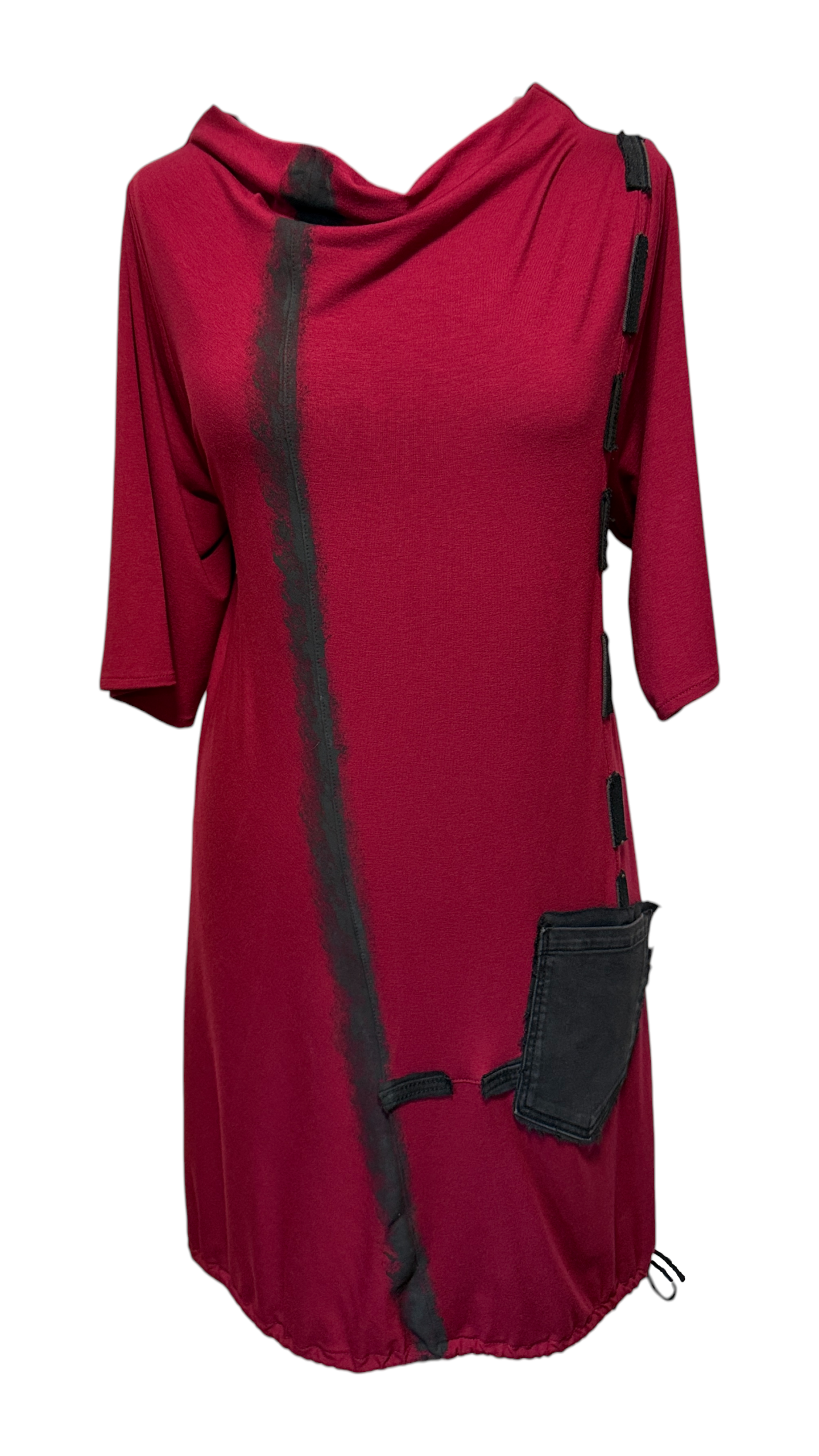 Ženska pamučna tunika Dalija u bordo boji s crnim asimetričnim detaljima i džepom - Kuky Dizajn