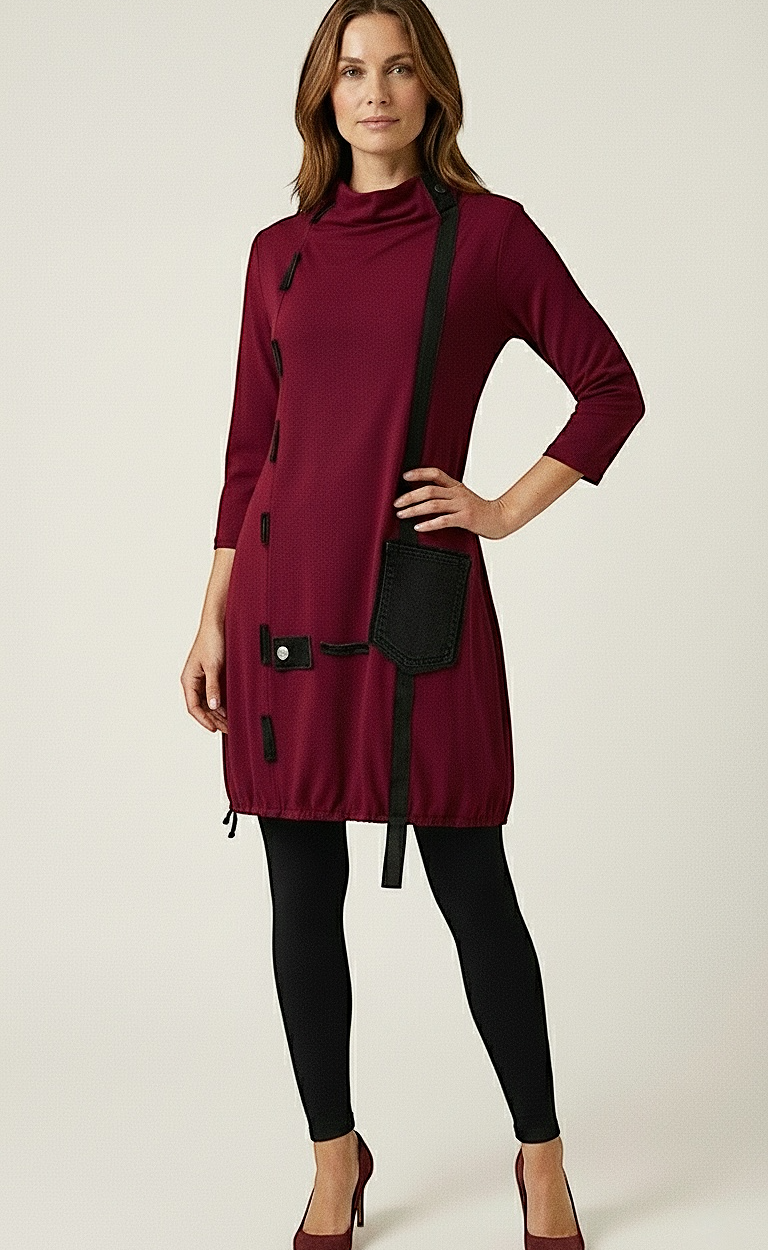 Ženska bordo tunika Dalija s crnim asimetričnim trakama i džepom.