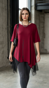 ZOJA bordo asimetrična tunika s crnim detaljima i til detaljima, kombinirana s uskim sivim tajicama